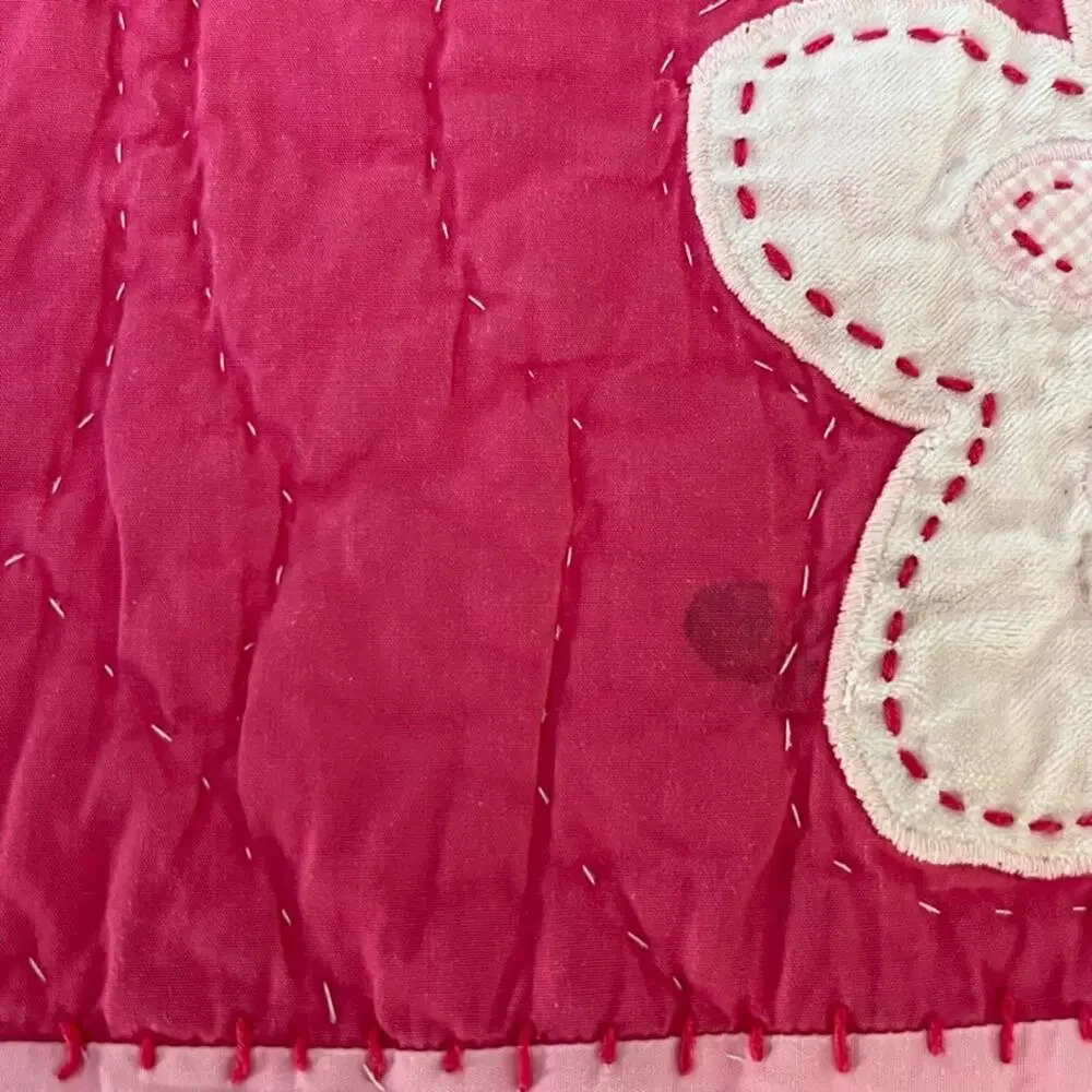 Pottery Barn Kids Quilt Blanket Pink White Flower Patch Fur Trim 86.5